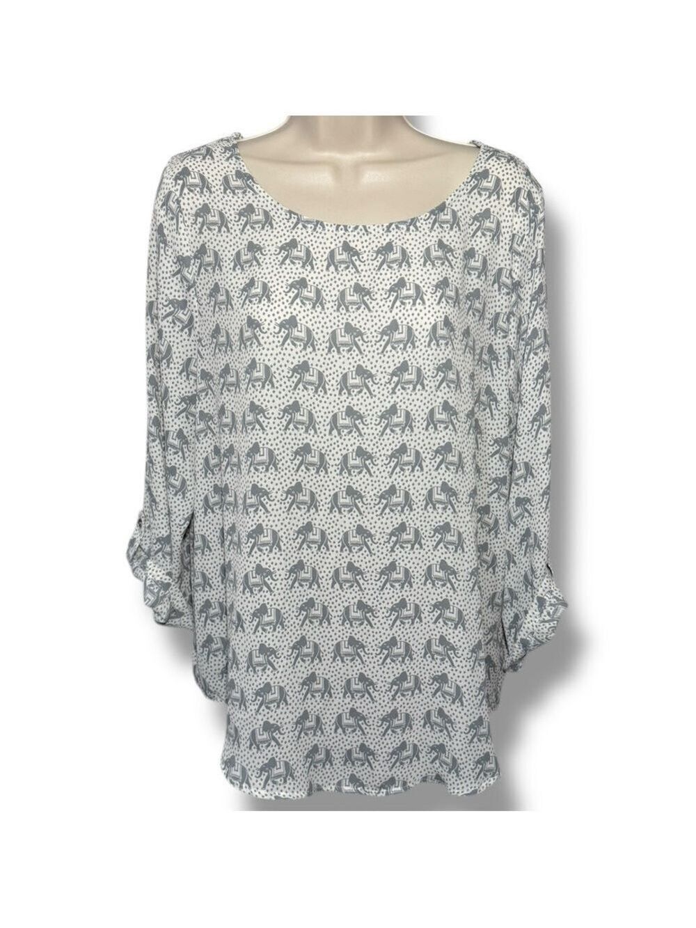 41 Hawthorn Women’s Ellie Roll-Tab Sleeve Blouse Gray White Size Large